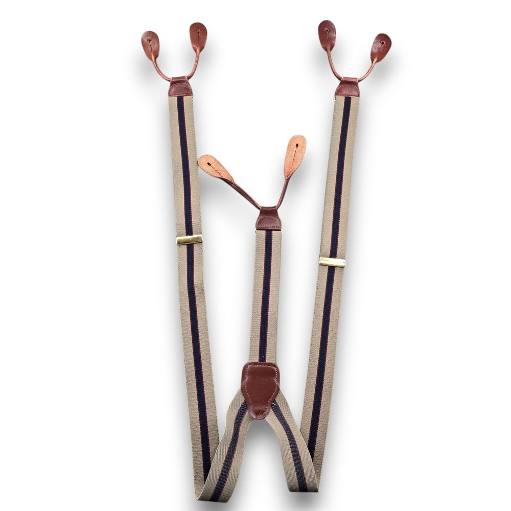 CAS W. Germany Striped Suspenders Tan Navy Burgundy Leather Button Braces OS